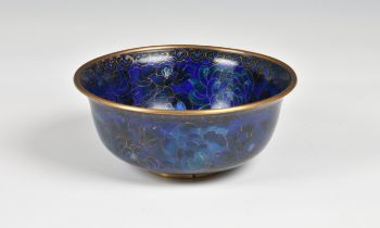 A Chinese cloisonne enamel bowl with a dark blue ground and stylised floral decoration 6 3/4in. (