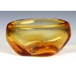 A Whitefriars amber glass shaped oval centrepiece dish/vase by James Hogan 1950's