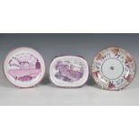 Three pink and white lustre plates