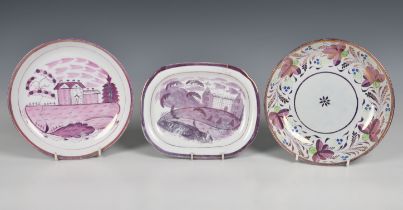 Three pink and white lustre plates