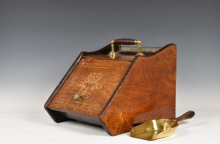 An Edwardian mahogany inlaid coal box, with brass and wood turned handle the sloped hinged front