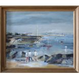 Marc De Lajarrige (French, 20th/21st century) 'Figures on the Foreshore', oil on plywood, signed