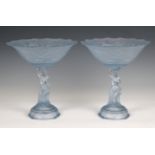 A pair of frosted blue glass fruit stands