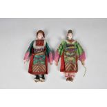 Two Chinese dolls in traditional dress male & female, c.1940's, white porcelain heads, lovely bright