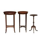 Two Edwardian mahogany crossbanded occasional tables with a Georgian mahogany wine table The