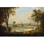 English School (19th century) Pastoral river landscape with two churches and town beyond, oil