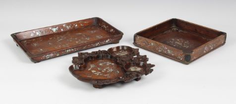 A Chinese carved hardwood, mother of pearl inlaid ink palette