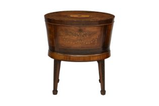 A Regency oval inlaid mahogany and marquetry wine cooler