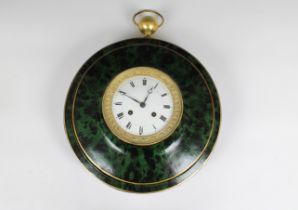 A mid 19th century tole painted wall clock in the form of a pocket watch