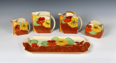 A Clarice Cliff Bizarre hand painted 'Nasturtium' pattern five piece tea service