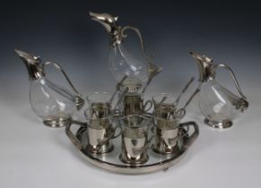 A vintage Silea duck form claret jug with six glasses, tray and cocktail stirrers