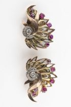A pair of 1950s bi-coloured gold diamond and ruby ear clips