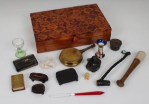 Rummage box - 20th century parquetry topped cigarette/cigar box with antique / vintage collectables