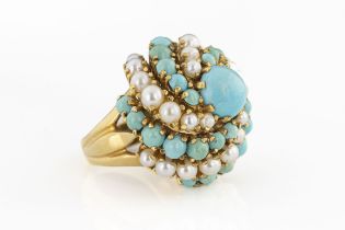 An 18ct turquoise and pearl bombe cocktail ring