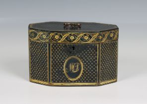 A George III black lacquered and gilt octagonal tea caddy