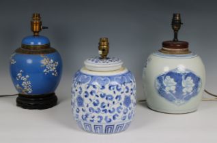 Six various ceramic table lamps, most blue and white