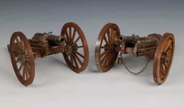 A collection of six 20th century model brass and wood cannons and mortars