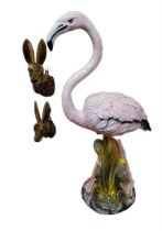 Ceramic flamingo, plus two fabric wall art hare heads