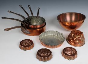 A graduated set of five French Villedieu copper tin lined saucepans