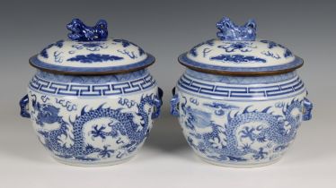 A pair Chinese porcelain blue and white lidded bowls/pots