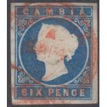 Stamps GAMBIA-1869-72 6d Deep Blue A Good Used Four Margin Example SG 3 GOOD USED