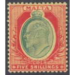 Stamps MALTA-1911 5/- Green & Red/Yellow. A mounted mint example SG 63