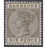 Stamps BARBADOS-1886 6d Olive-Black. A mounted mint example SG 100