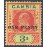 Stamps GAMBIA-1906 1d on 3/- Carmine & Green/Yellow. A mounted mint example SG 70
