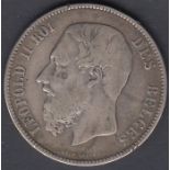 1872 Belgium 5f Leopald in Silver, good condition