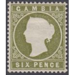 Stamps GAMBIA-1886 6d Yellowish Olive-Green. A mounted mint example SG 32