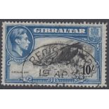 Stamps GIBRALTAR-1938 10/- Black & Blue Perf 14. A fine used example SG 130