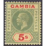 Stamps GAMBIA-1922 5/- Green & Red/Pale Yellow. A mounted mint example SG 102