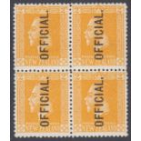 Stamps NEW ZEALAND-1917 2d Yellow Official. A lightly mounted mint block of 4 SG O92