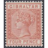 Stamps GIBRALTAR-1887 4d Orange-Brown. A lightly mounted mint example SG 12