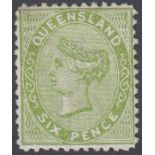 Stamps QUEENSLAND-1879-81 6d Yellow-Green. A lightly mounted mint example SG 143
