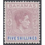 BAHAMAS-1938 5/- Lilac & Blue. A lightly mounted mint example, typical streaky toned gum SG 156