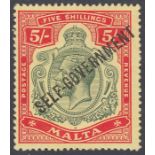 Stamps MALTA-1922 5/- Green & Red/Yellow. A mounted mint example SG 113