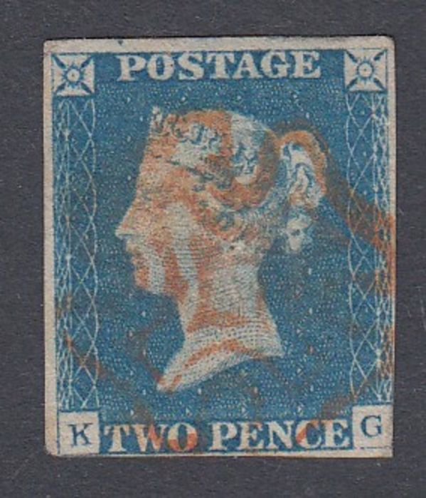 1840 2d Blue with Red Maltese Cross, 3 margins (pin hole)