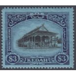 Stamps KEDAH-1921-32 $3 Black & Blue/Blue SG 39 MOUNTED MINT.