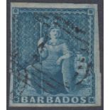 Stamps BARBADOS-1852-55 1d Blue. A fine used example SG 3