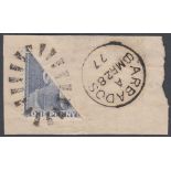 Stamps BARBADOS-1875-81 1d Dull Blue. A bisected used example SG 73a on small piece