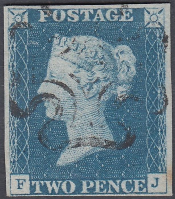 STAMPS : TWO PENNY BLUE Plate 1 (FJ) four margin example cancelled by black MX