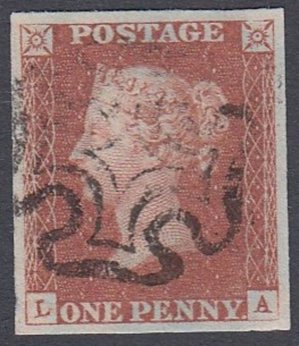 STAMPS : GREAT BRITAIN 1841 Penny Red plate 14 (LA) superb four margin example SG 8