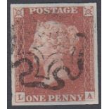 STAMPS : GREAT BRITAIN 1841 Penny Red plate 14 (LA) superb four margin example SG 8