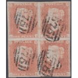 STAMPS : GREAT BRITAIN : 1851 1d Pale Red Brown imperf block of four (IK/JL) 4 margins