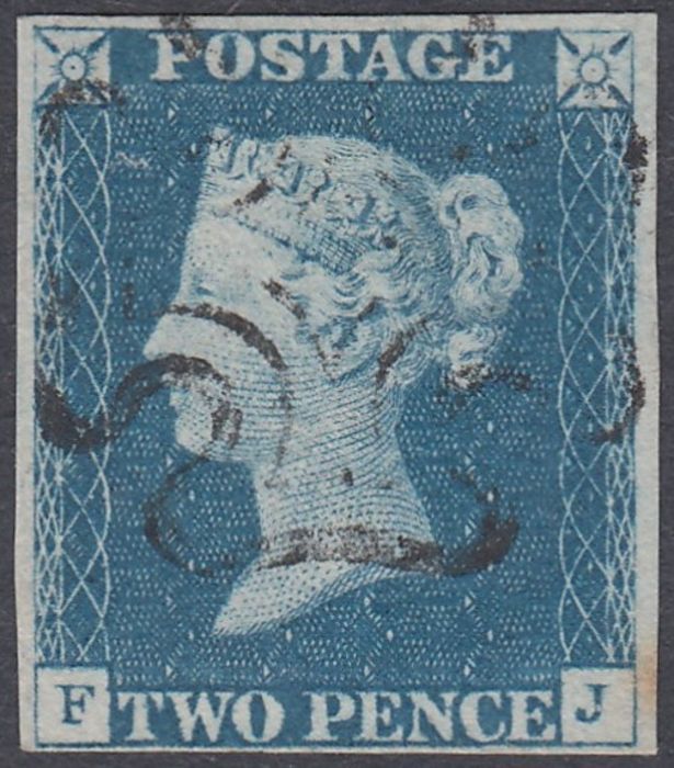 STAMPS : TWO PENNY BLUE Plate 1 (FJ) four margin example cancelled by black MX - Image 3 of 4