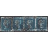 STAMPS : GREAT BRITAIN : 1841 2d Blue plate 3, four margin used strip of four