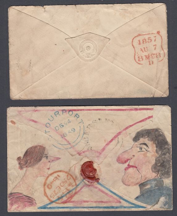 STAMPS : Two Victorian hand illustrated envelopes one with a stamp attached - Image 2 of 2