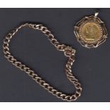 Coins : 1898 Gold 1/2 Sovereign in 9ct mount, plus a 9ct gold bracelet (clasp very stiff/stuck)