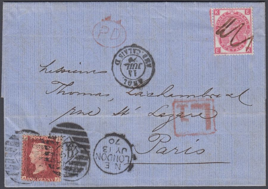 STAMPS : POSTAL HISTORY : 1870 entire from London to Paris charged 3d plus 1d late fee, Boxed L1